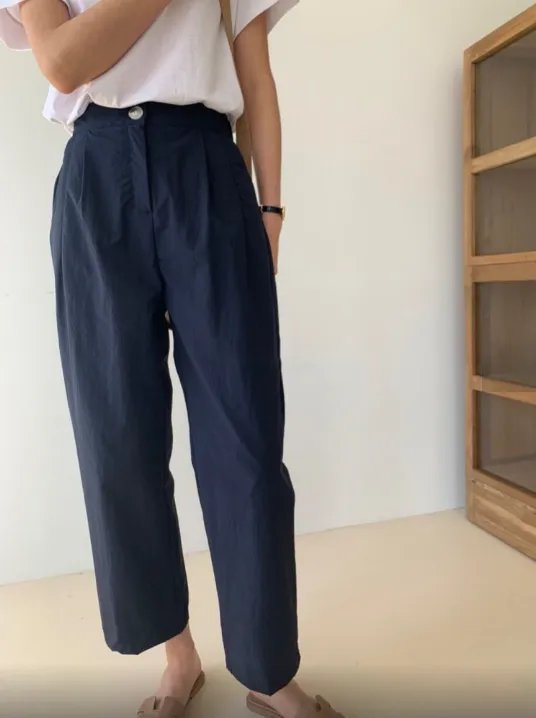 Cool Pin Tuck Loose Fit Pants Back w/ Waist Band (시원한 바스락소재)