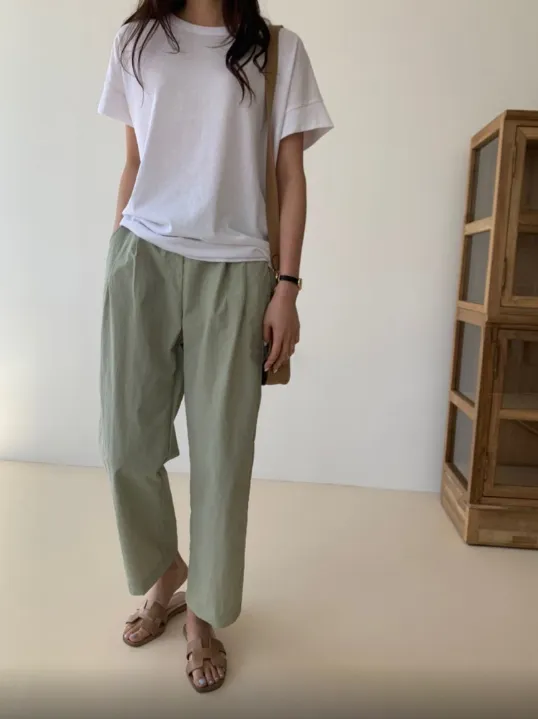 Cool Pin Tuck Loose Fit Pants Back w/ Waist Band (시원한 바스락소재)