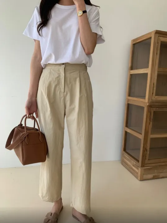 Cool Pin Tuck Loose Fit Pants Back w/ Waist Band (시원한 바스락소재)