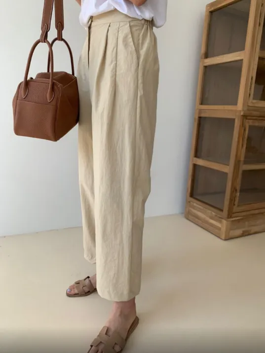 Cool Pin Tuck Loose Fit Pants Back w/ Waist Band (시원한 바스락소재)