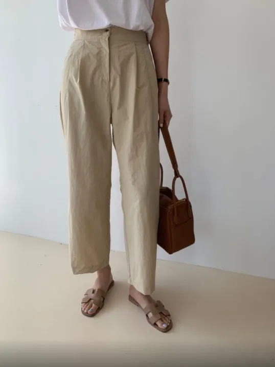 Cool Pin Tuck Loose Fit Pants Back w/ Waist Band (시원한 바스락소재)