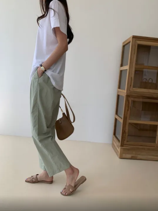 Cool Pin Tuck Loose Fit Pants Back w/ Waist Band (시원한 바스락소재)