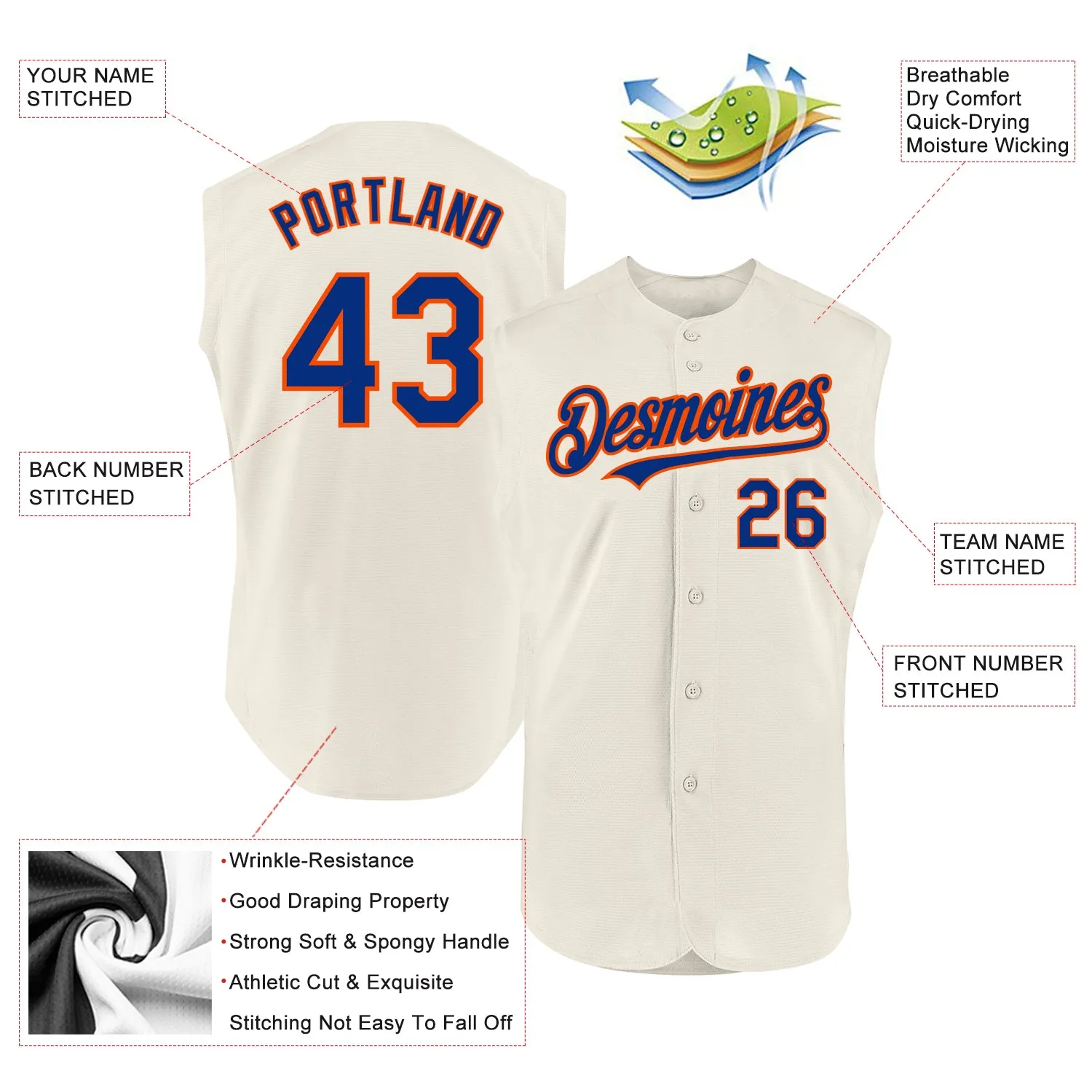Custom Cream Royal-Orange Authentic Sleeveless Baseball Jersey