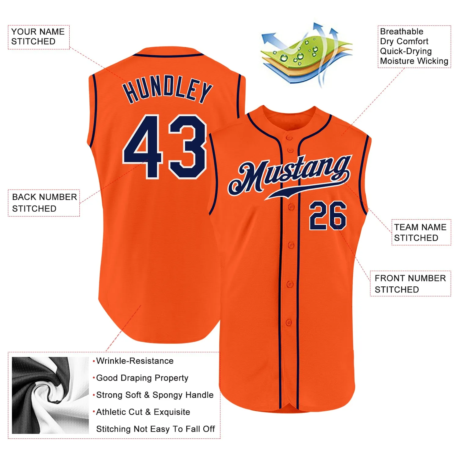 Custom Orange Navy-White Authentic Sleeveless Baseball Jersey
