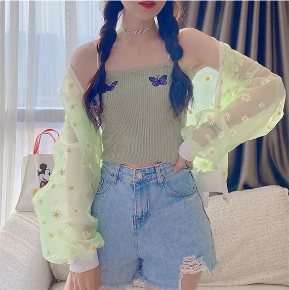 Daisy Printed Loose Sunscreen Transparent Thin Jacket