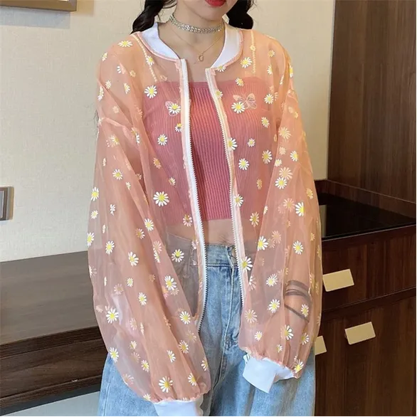 Daisy Printed Loose Sunscreen Transparent Thin Jacket