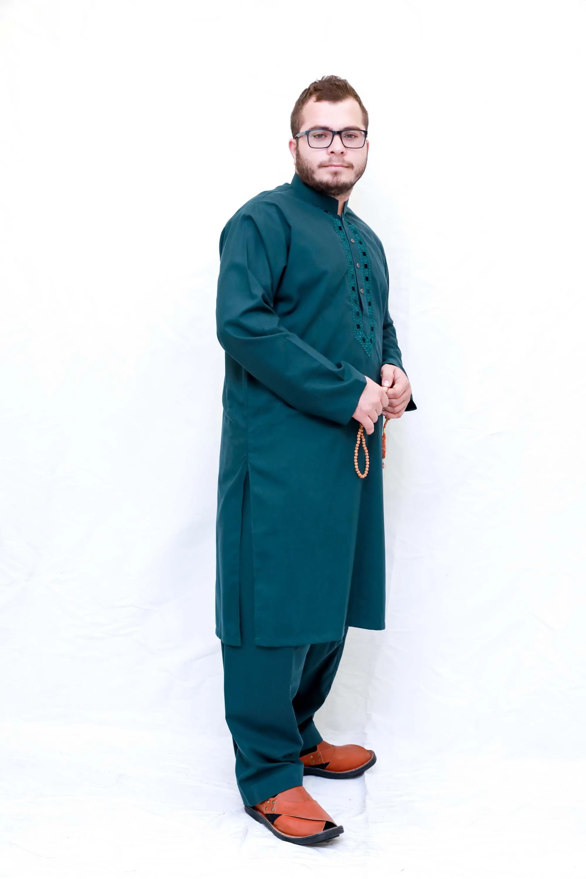 Dark Green Shirt with Minimal Embroidery Cotton Suit