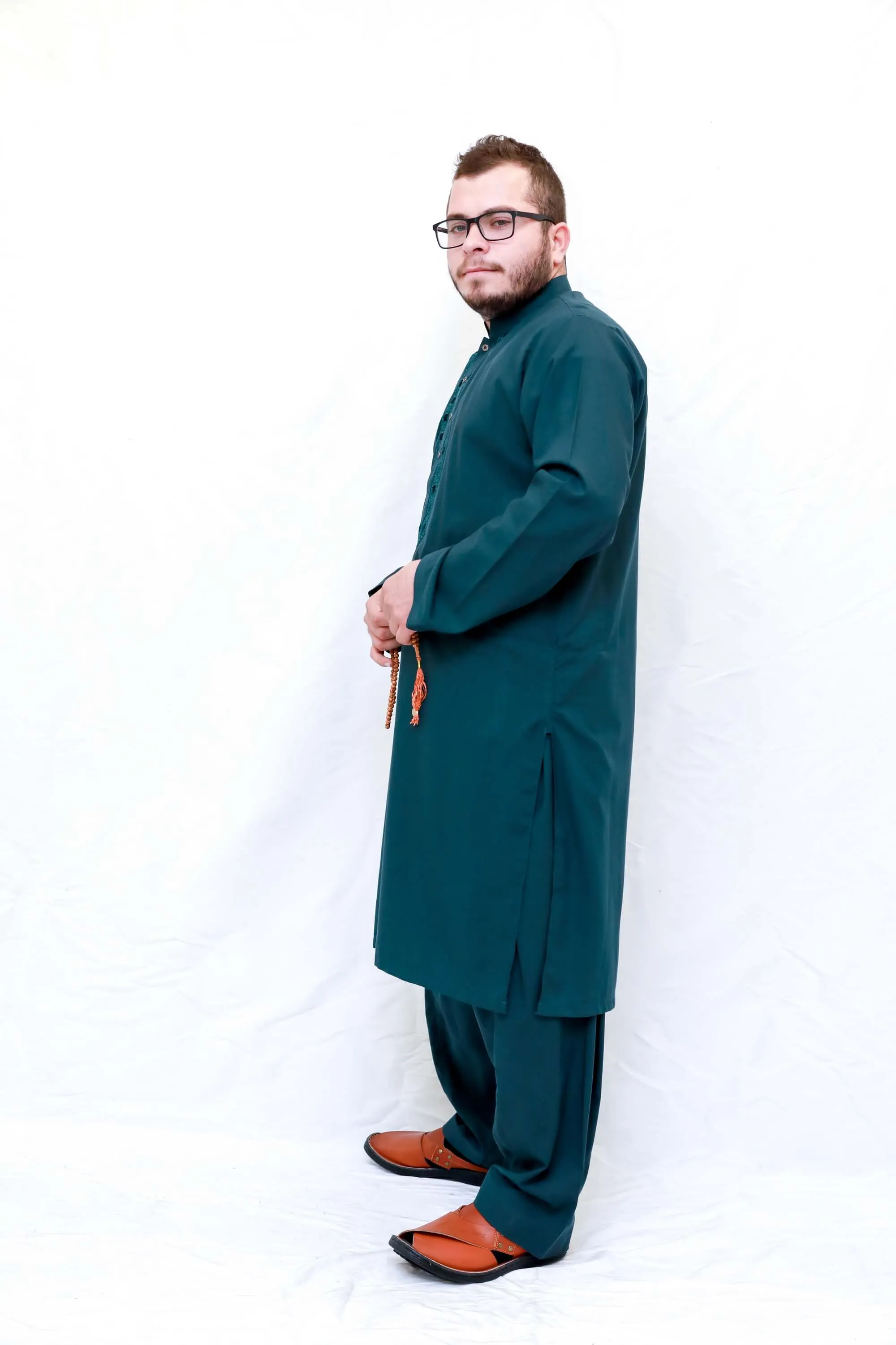 Dark Green Shirt with Minimal Embroidery Cotton Suit