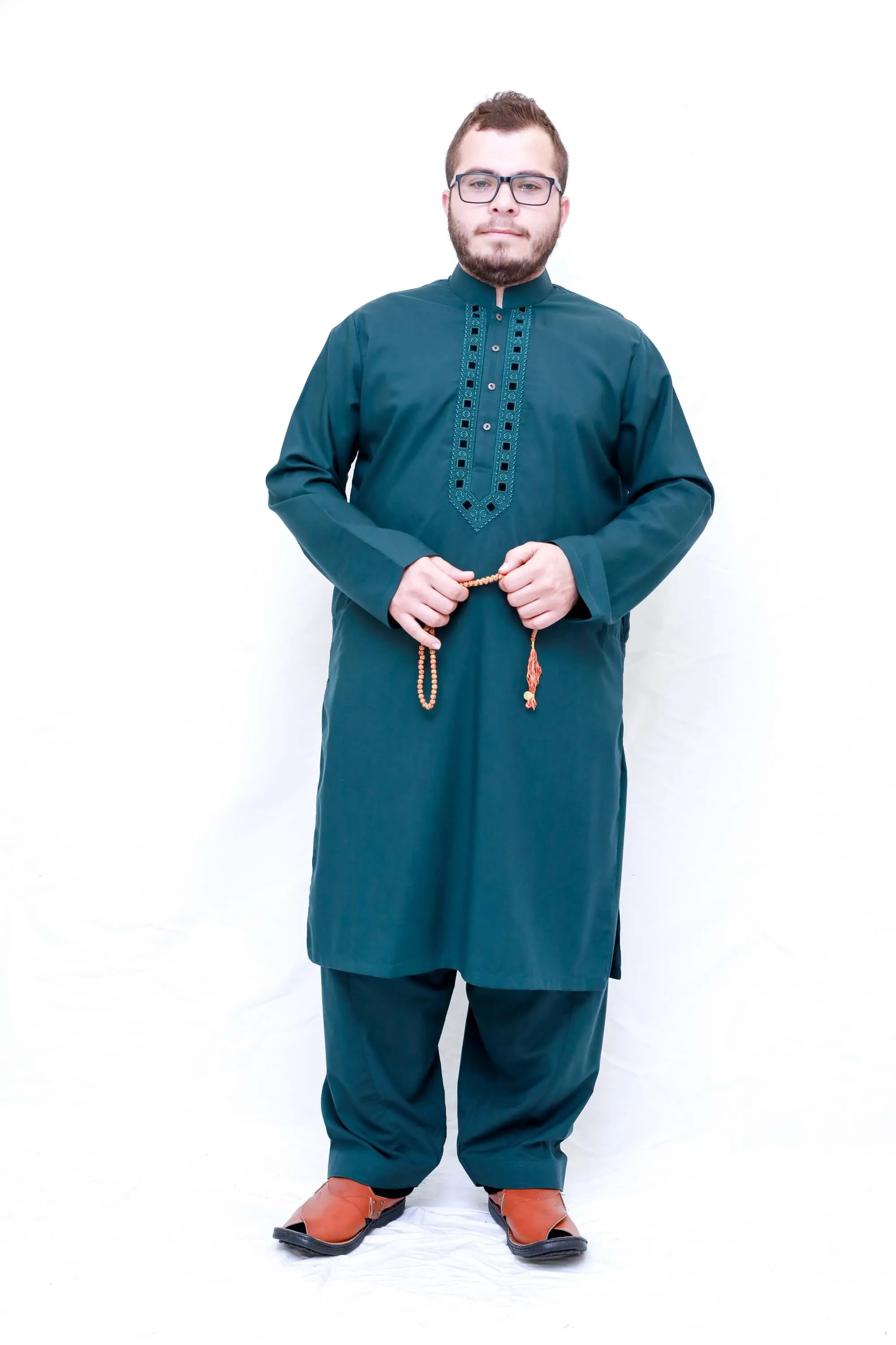 Dark Green Shirt with Minimal Embroidery Cotton Suit