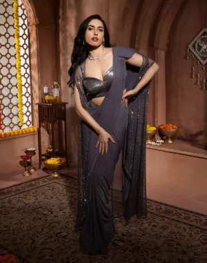 Dark Slate Grey Pre-Stitched Saree With Embellished Jacket