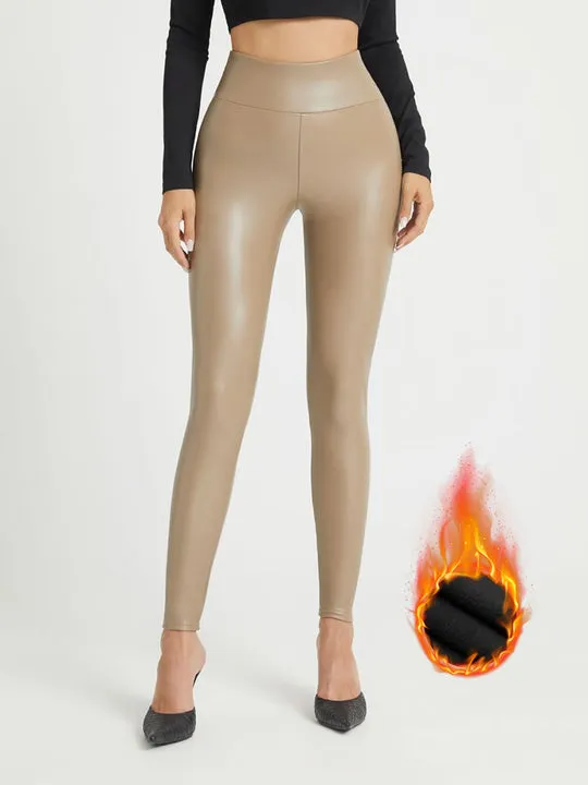 Female Fleece PU Faux Leather Hip-lift Elastic Tight Leggings