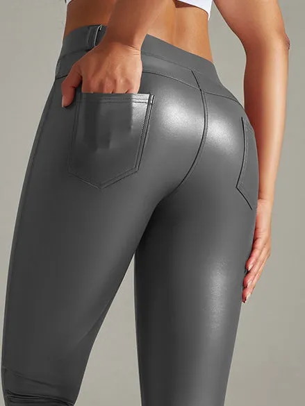 Female Pocket PU Faux Leather Leggings