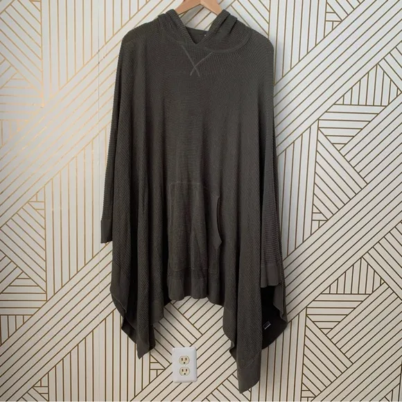Garnet Hill Merino Wool Blend Hooded hood Waffle-Stitch Poncho hunter Size L/XL