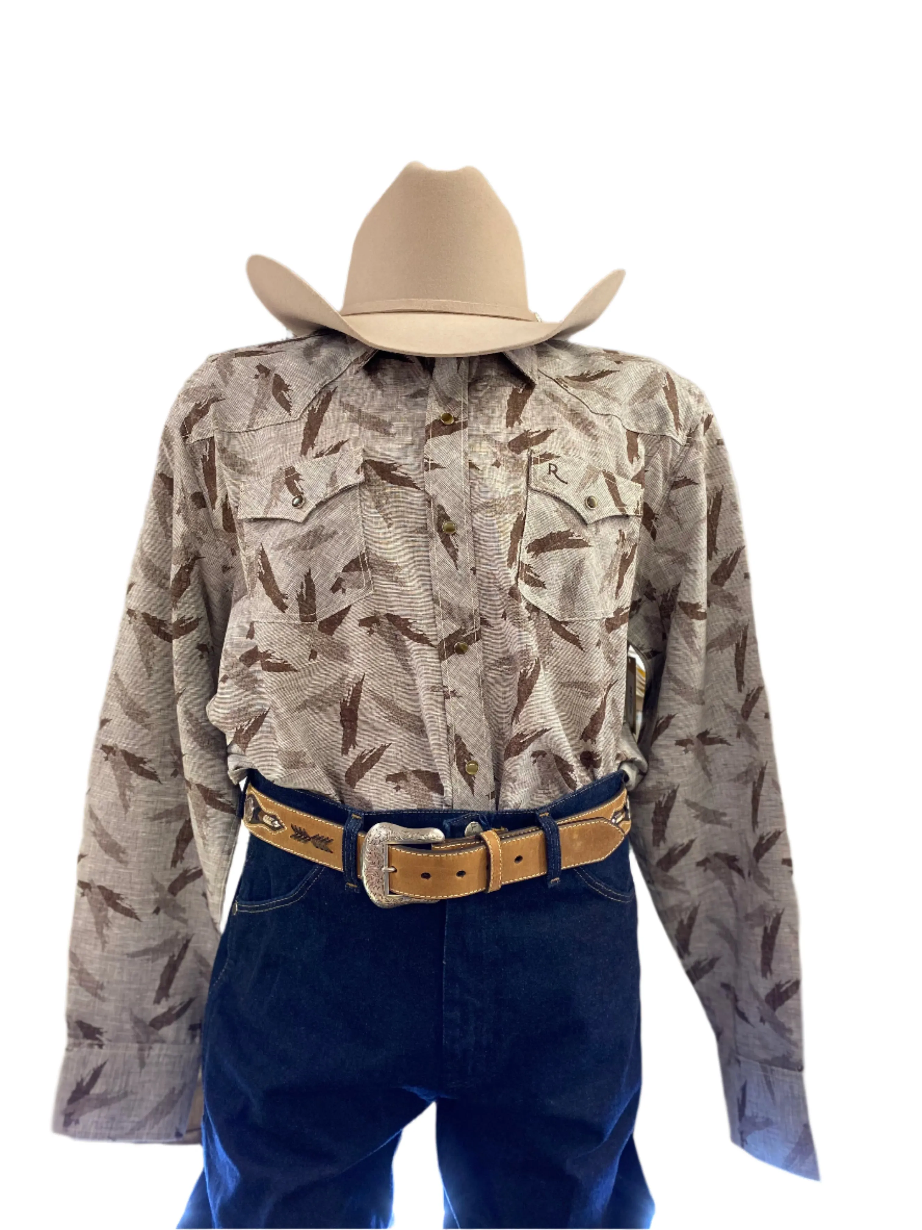 Gray and Brown Brush Pattern Pearl Snap Western Shirt