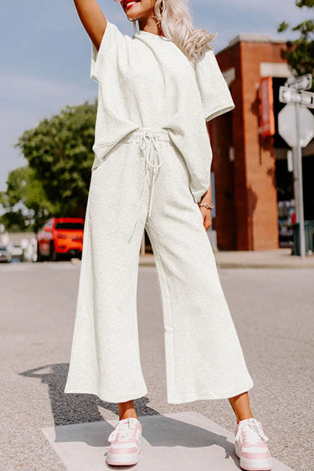 Gray Textured Loose Fit T Shirt and Drawstring Pants Set