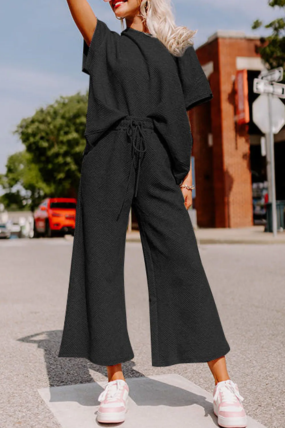 Gray Textured Loose Fit T Shirt and Drawstring Pants Set
