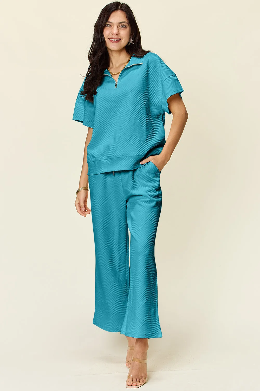 Hazel Blues® |  Double Take Texture Half Zip Short Sleeve Top and Pants Set