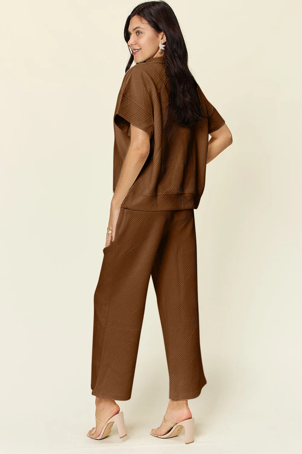 Hazel Blues® |  Double Take Texture Half Zip Short Sleeve Top and Pants Set