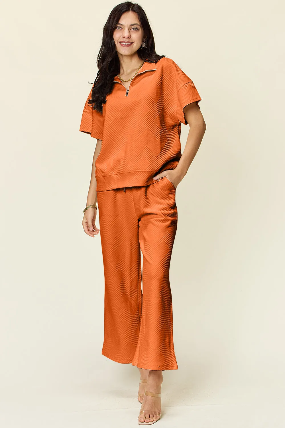 Hazel Blues® |  Double Take Texture Half Zip Short Sleeve Top and Pants Set