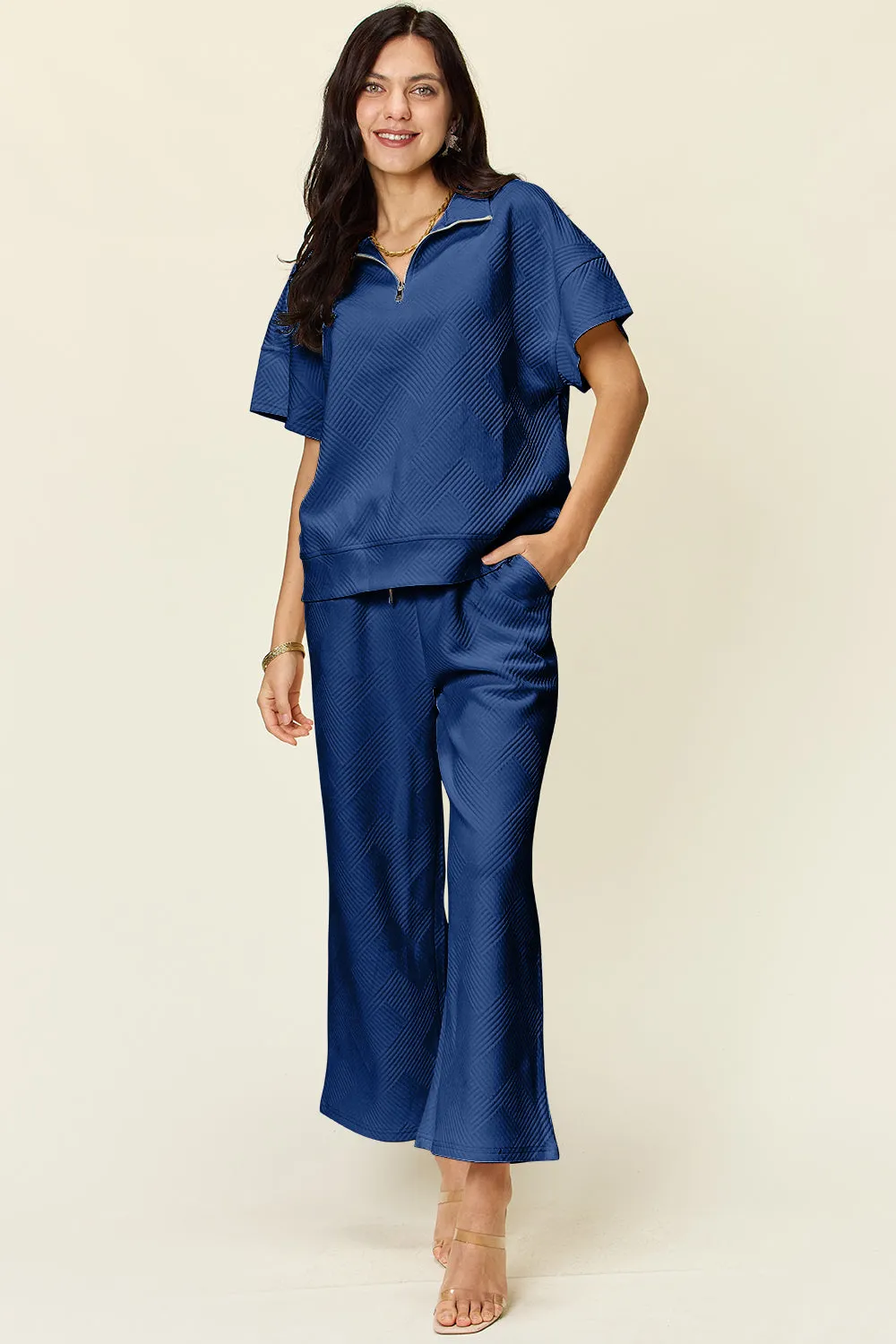 Hazel Blues® |  Double Take Texture Half Zip Short Sleeve Top and Pants Set