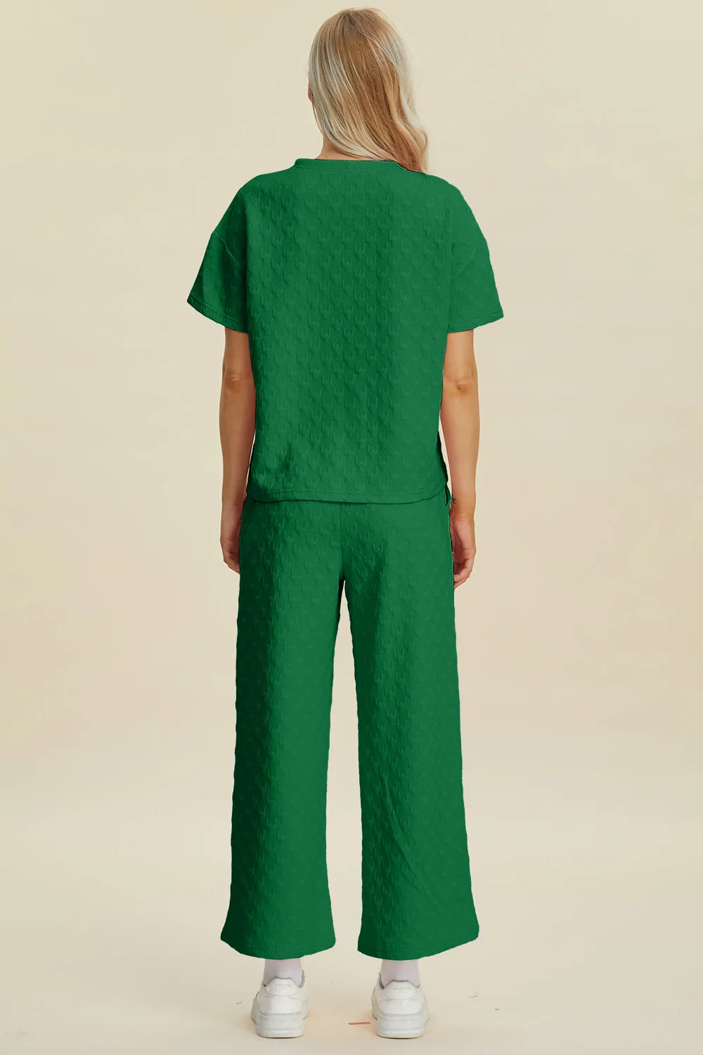 Hazel Blues® |  Double Take Texture Round Neck Short Sleeve Top and Pants Set