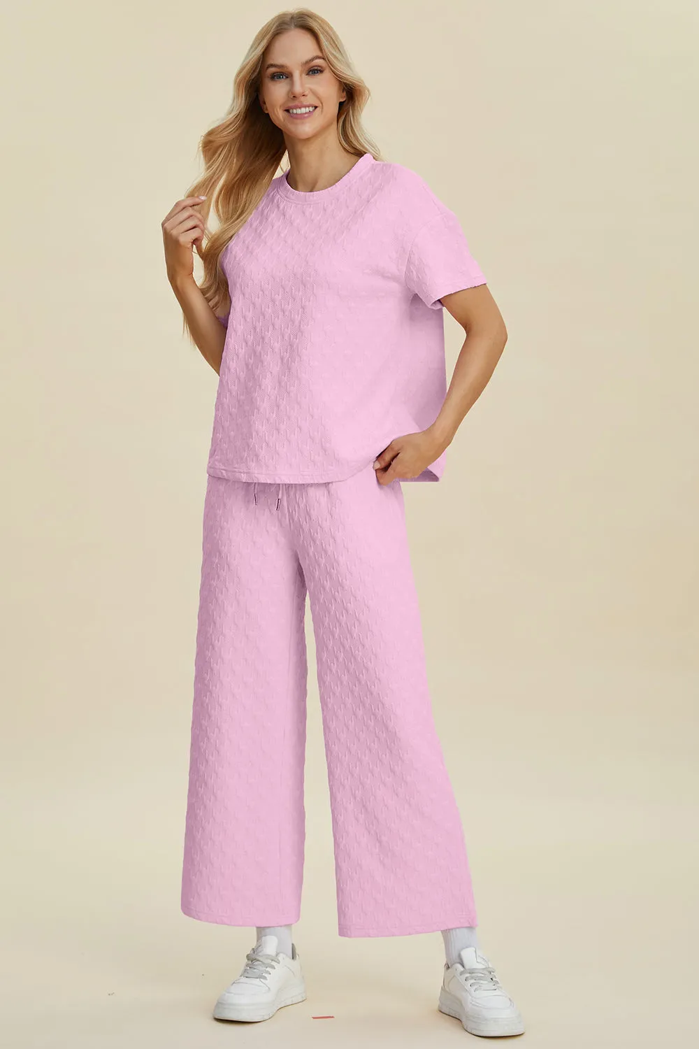 Hazel Blues® |  Double Take Texture Round Neck Short Sleeve Top and Pants Set