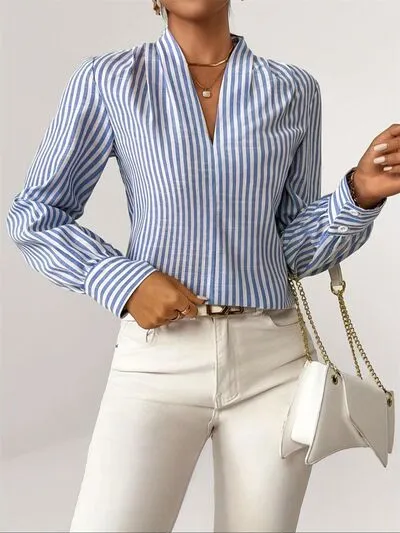 Hazel Blues® |  Striped Button Detail Long Sleeve Shirt