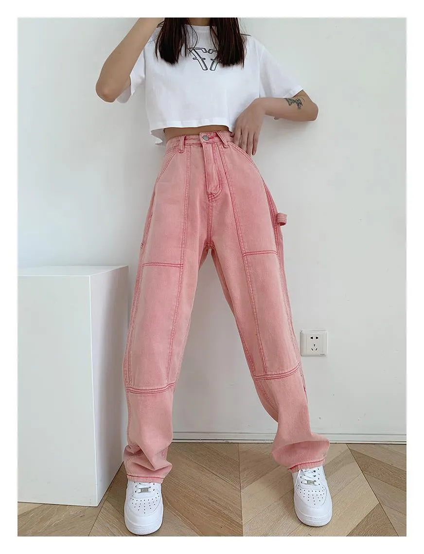 High Waist Loose Pink Jeans Pants