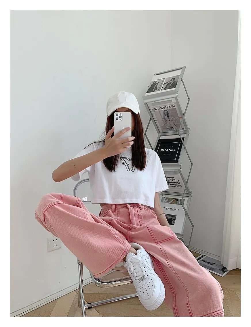 High Waist Loose Pink Jeans Pants