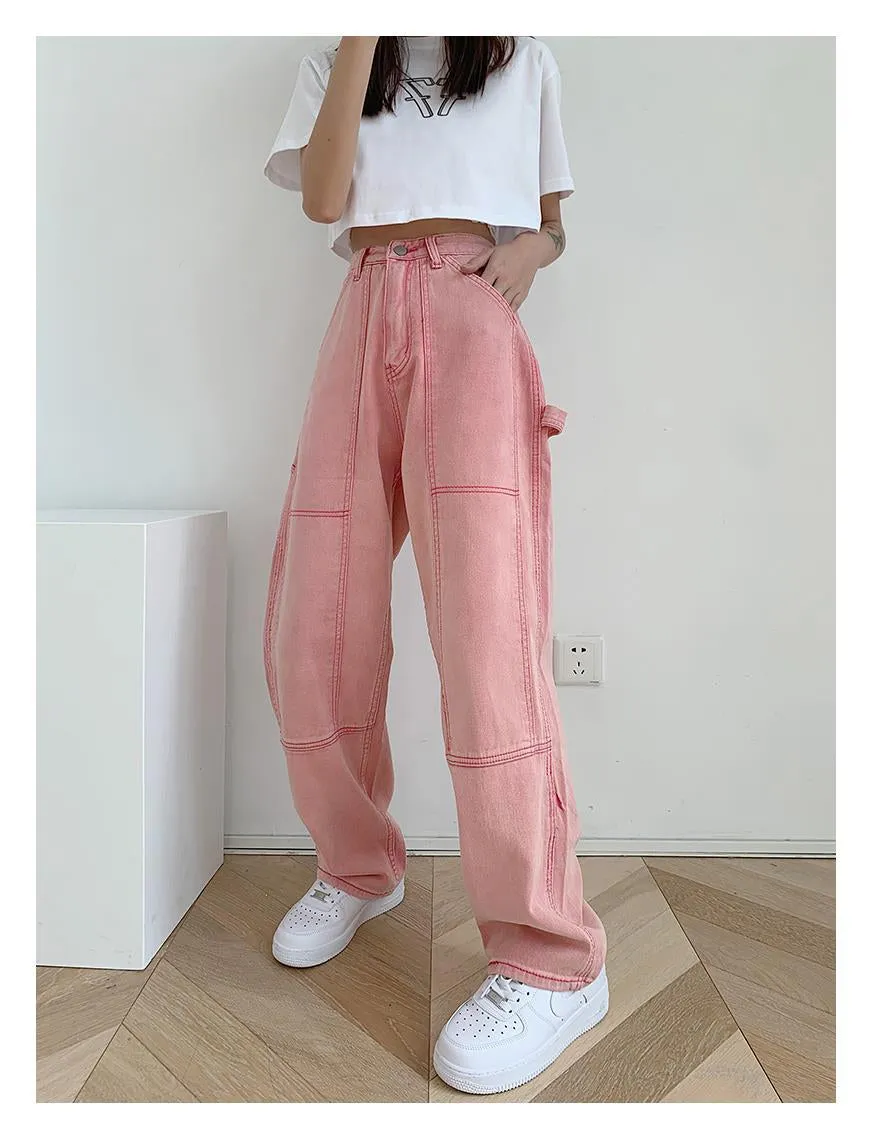 High Waist Loose Pink Jeans Pants