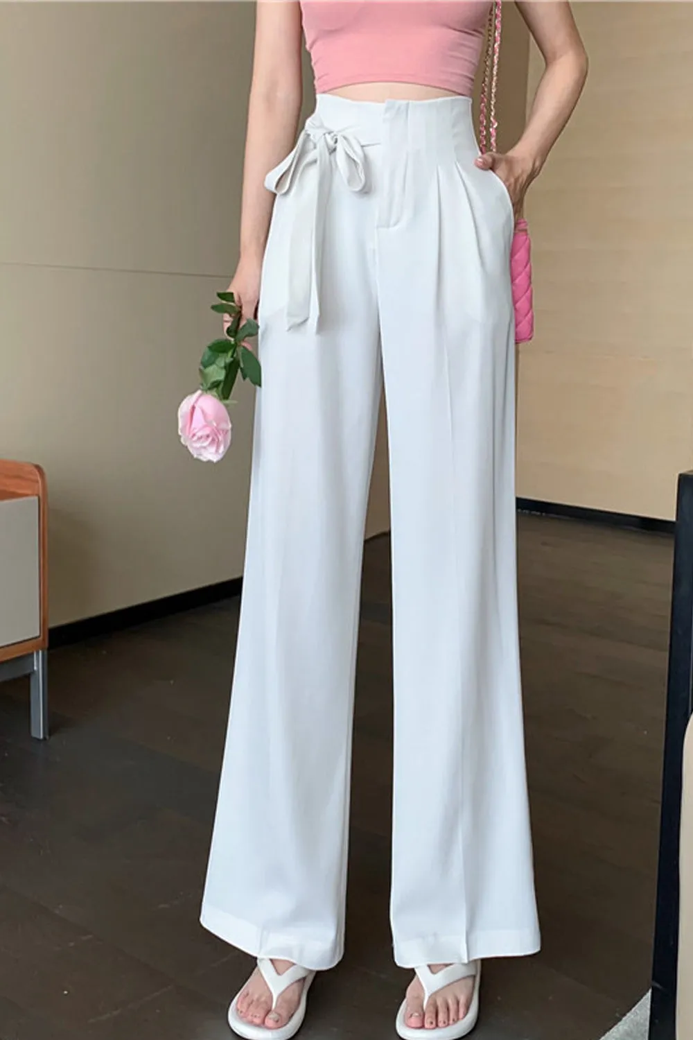High Waist Loose Side Rope Tie Office Long Pants
