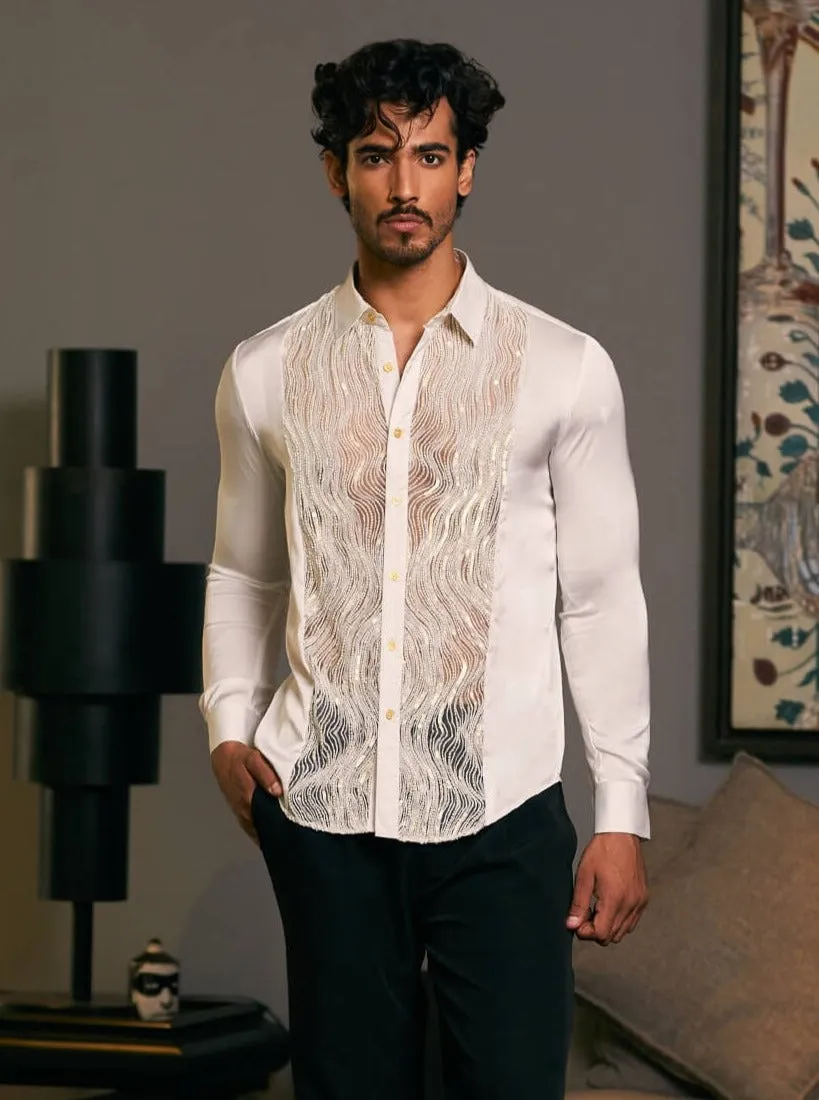 Ivory embroidered tuxedo panel shirt
