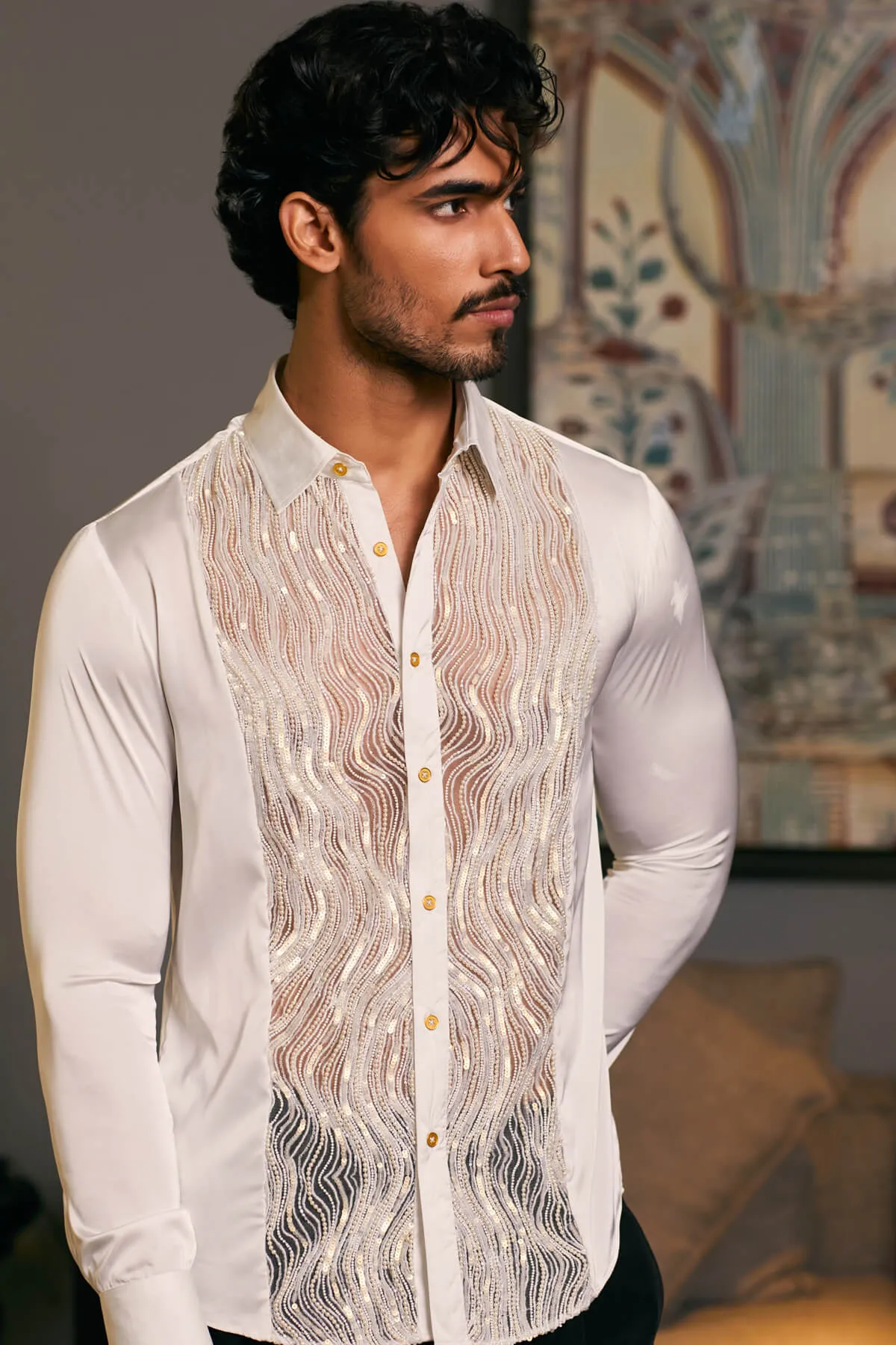 Ivory embroidered tuxedo panel shirt