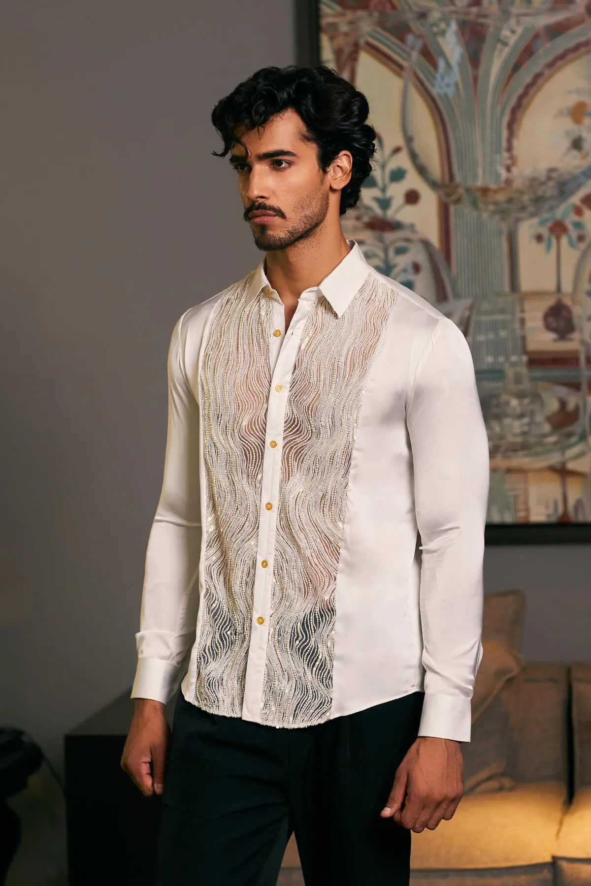 Ivory embroidered tuxedo panel shirt