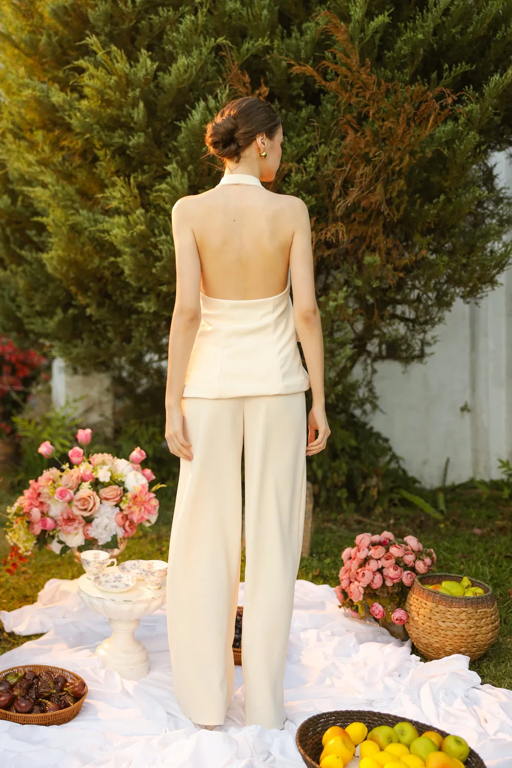 LOGAN SET Sleevess Vest with Open Front and Wide Leg Pant (Cream Spancrepe)