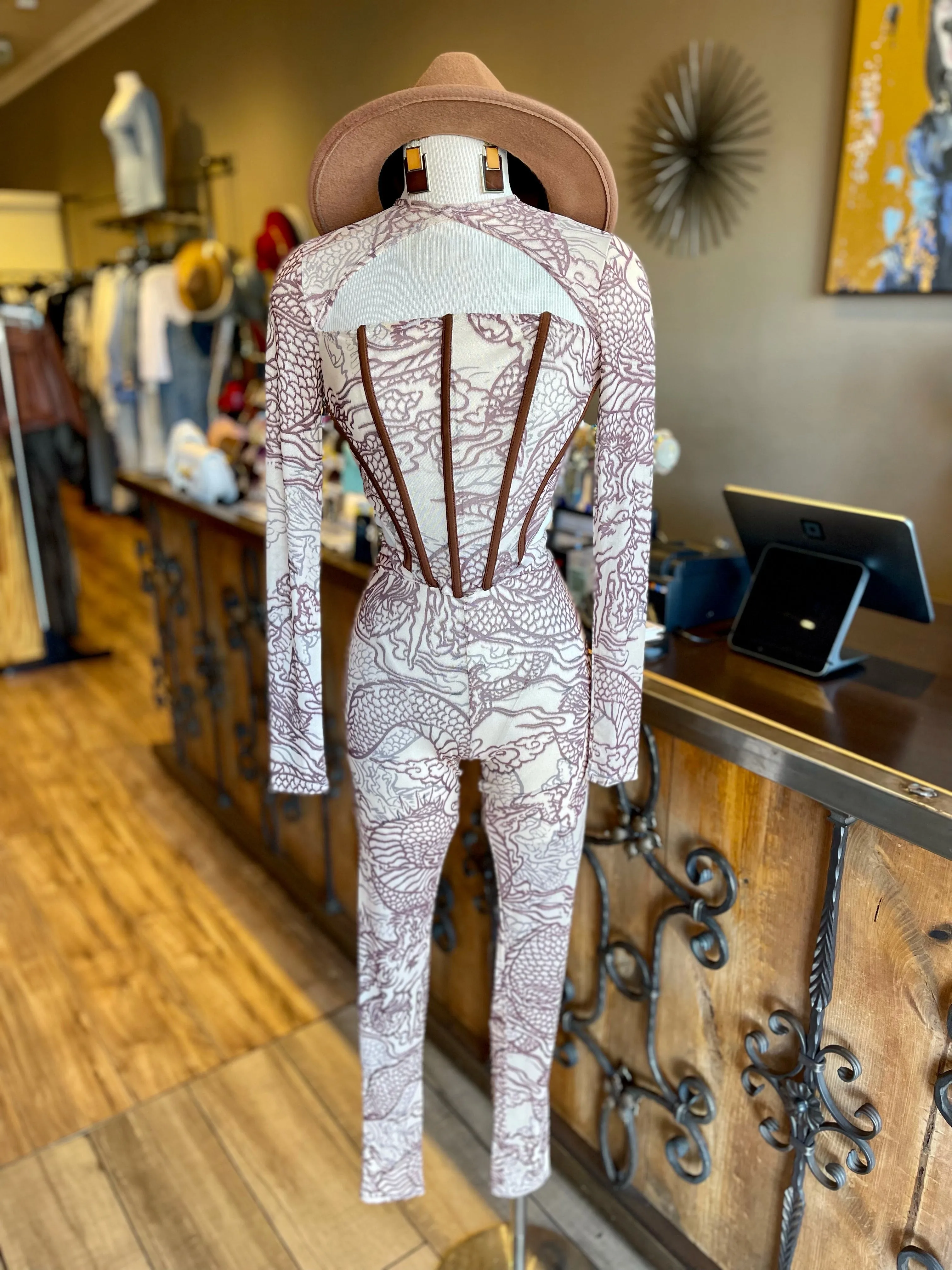 Long Sleeve Bustier Mesh Pants Set