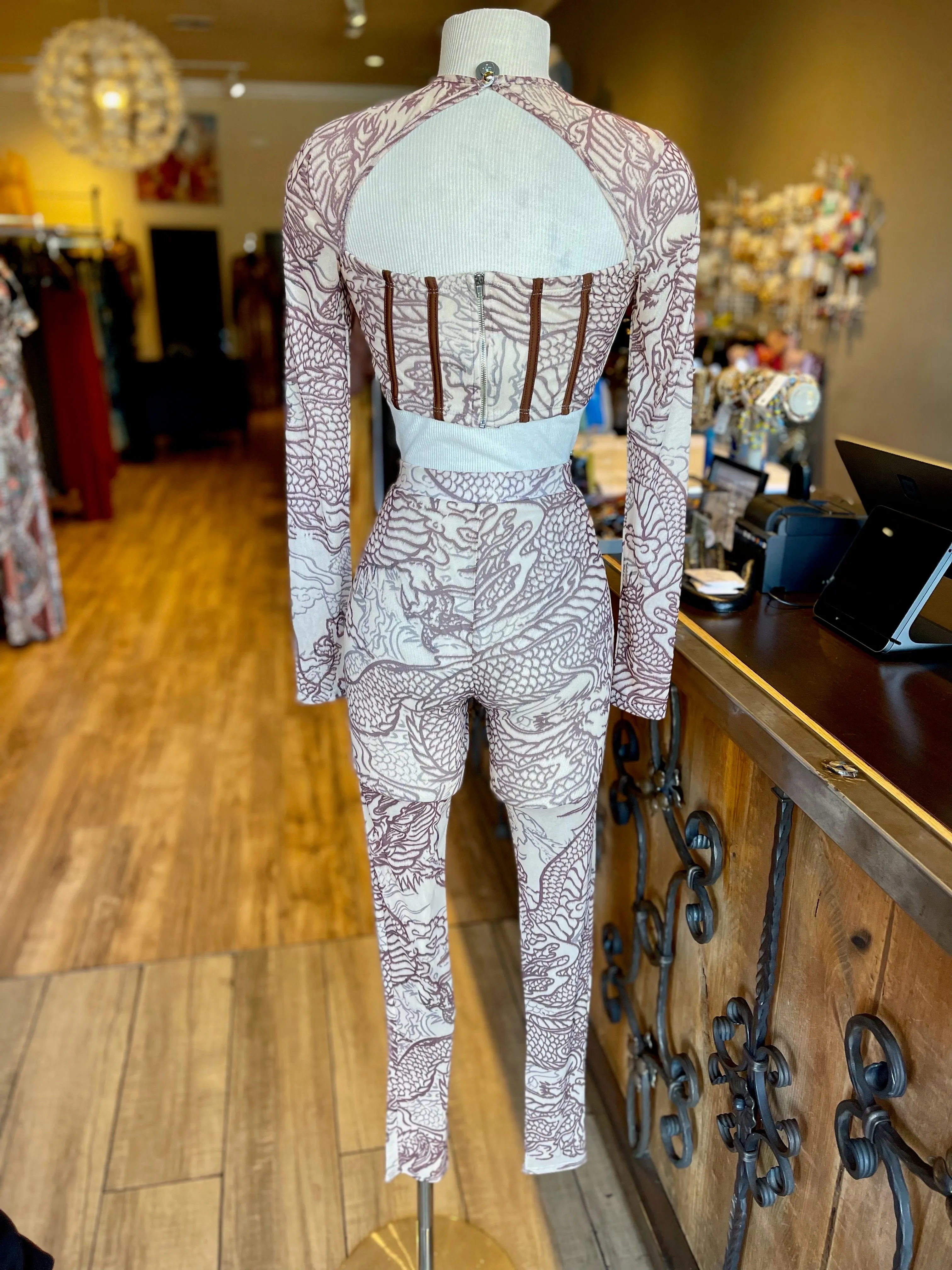 Long Sleeve Bustier Mesh Pants Set