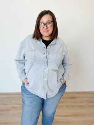 Long Sleeve Knit Denim Jacket in Washed Light Blue