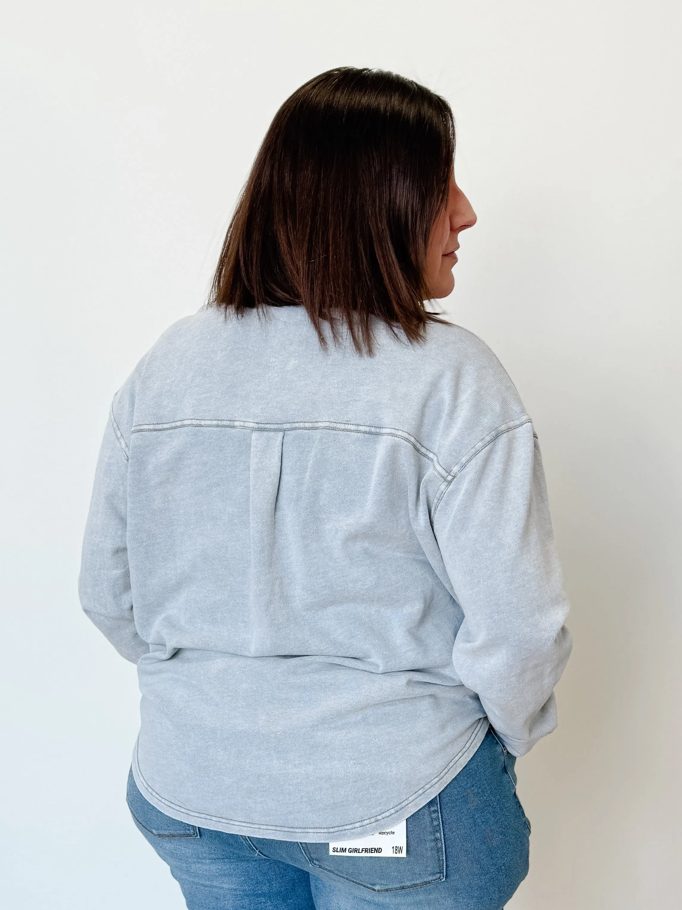 Long Sleeve Knit Denim Jacket in Washed Light Blue