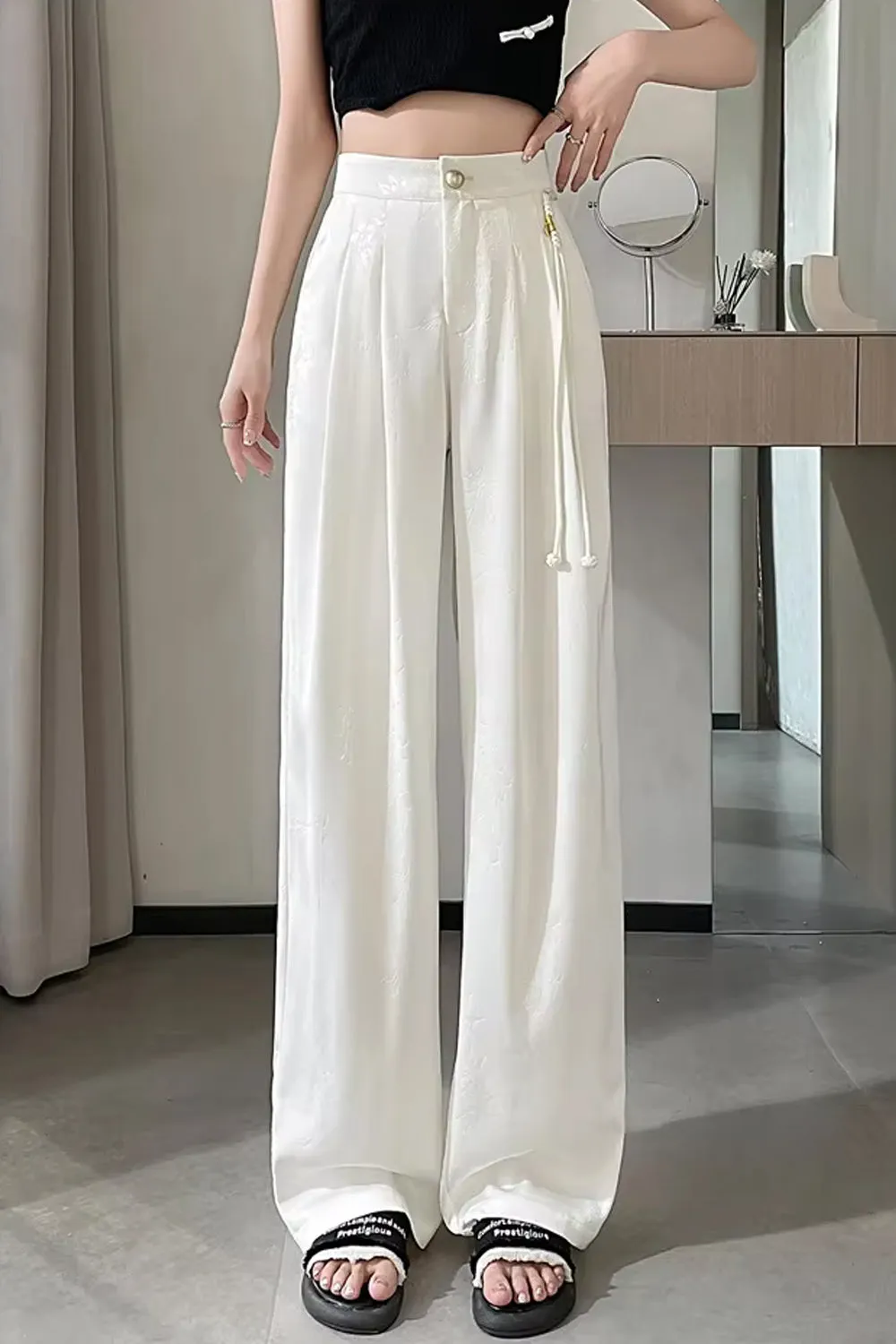 Loose Flowers Pattern Jacquard Satin Pants