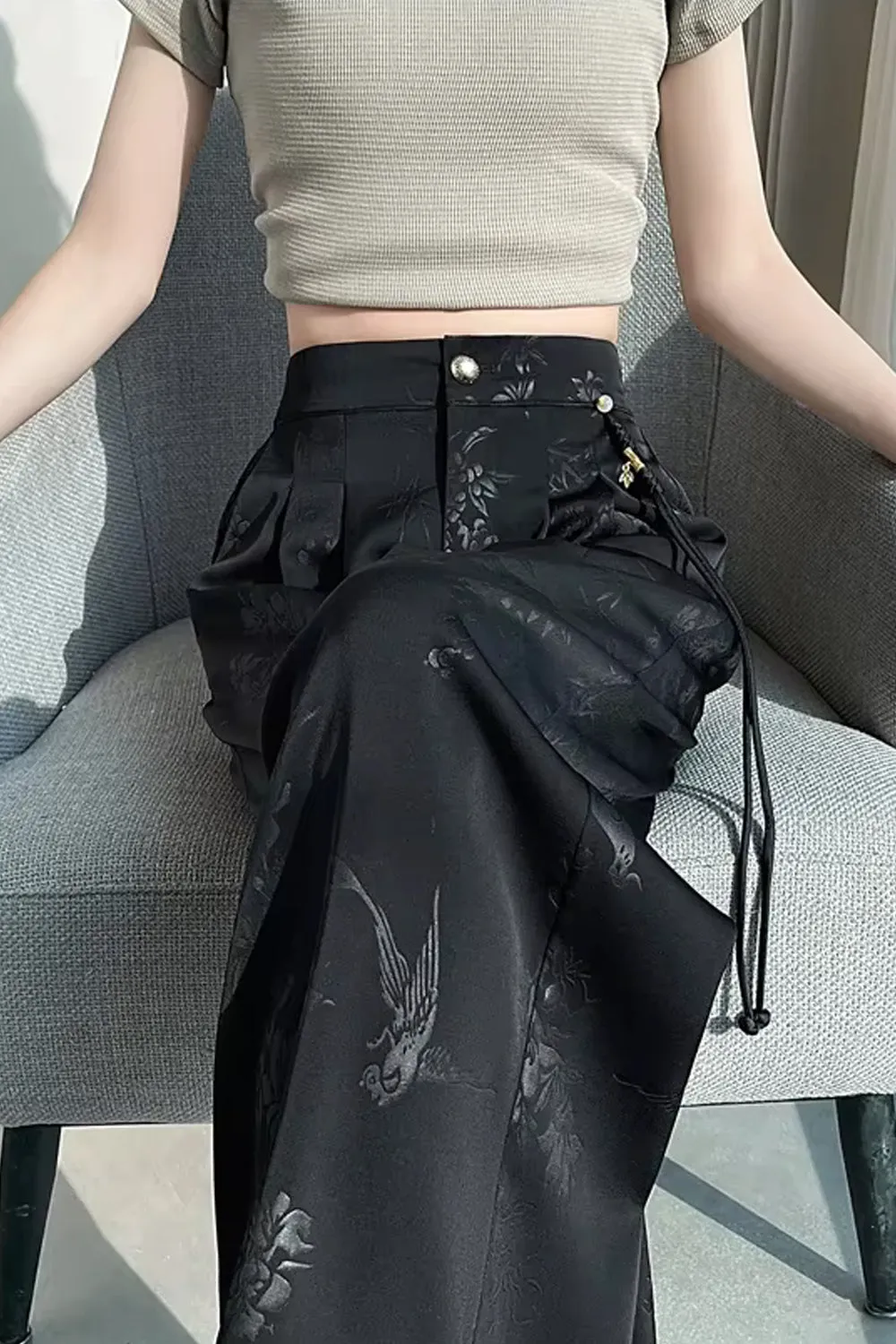 Loose Flowers Pattern Jacquard Satin Pants