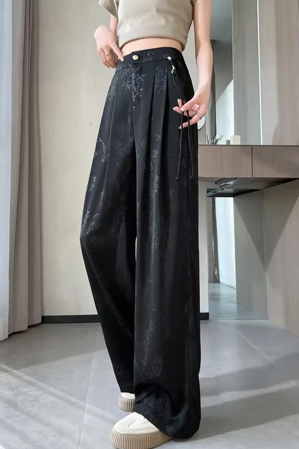 Loose Flowers Pattern Jacquard Satin Pants