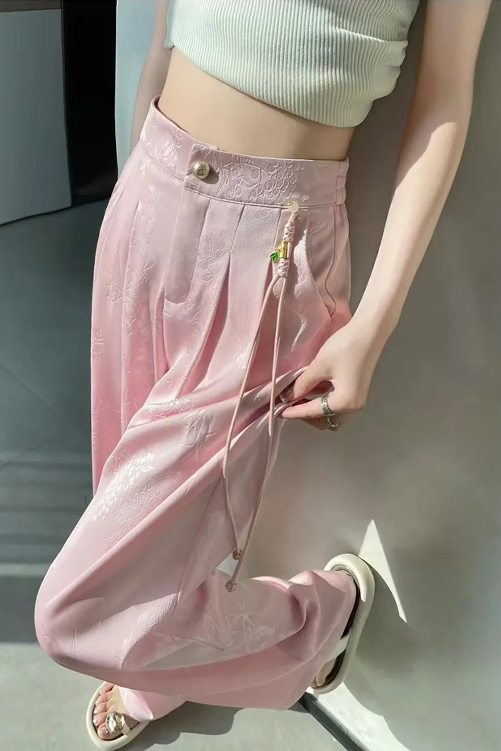 Loose Flowers Pattern Jacquard Satin Pants