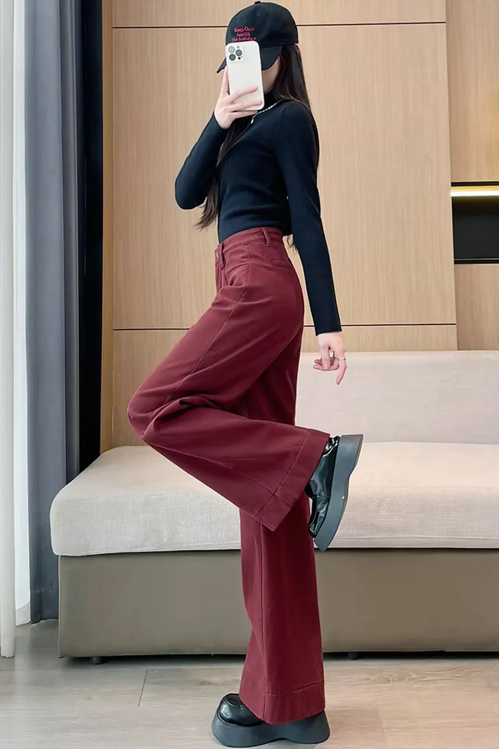 Loose Red Thicken Denim Long Pants
