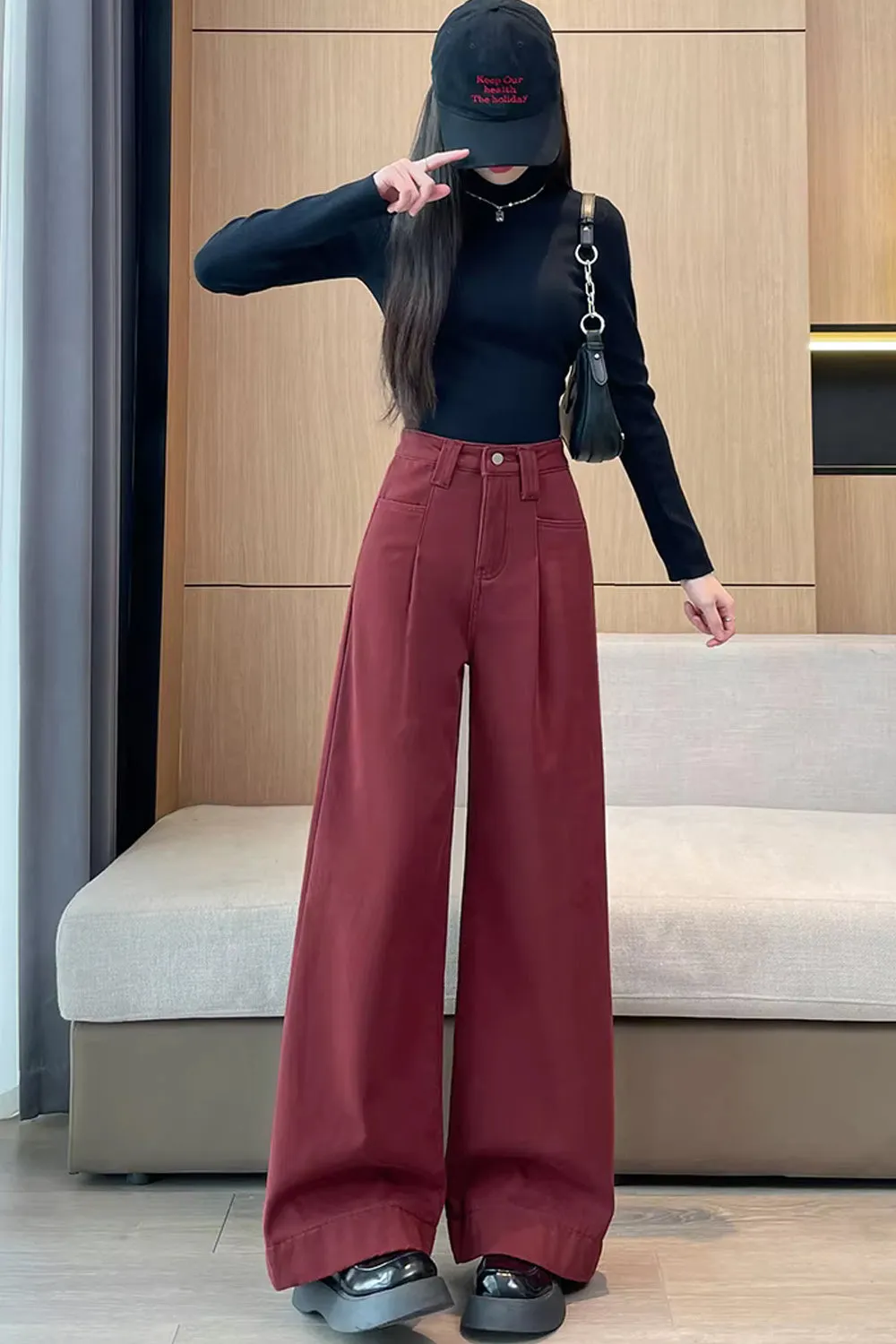 Loose Red Thicken Denim Long Pants