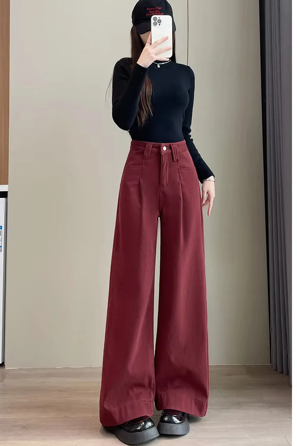 Loose Red Thicken Denim Long Pants