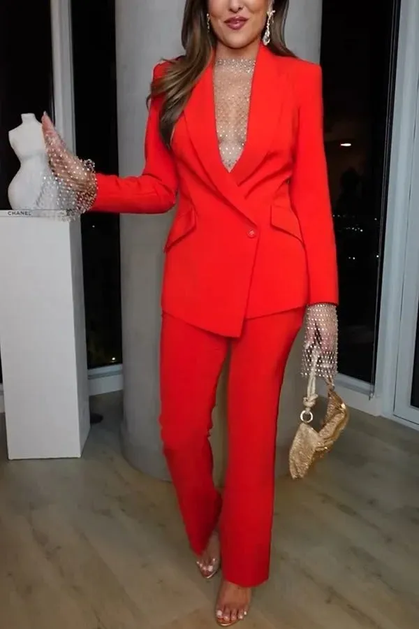 Luxe Lifestyle Single Button Lapel Blazer and Pocketed Straight Suit Pants Set
