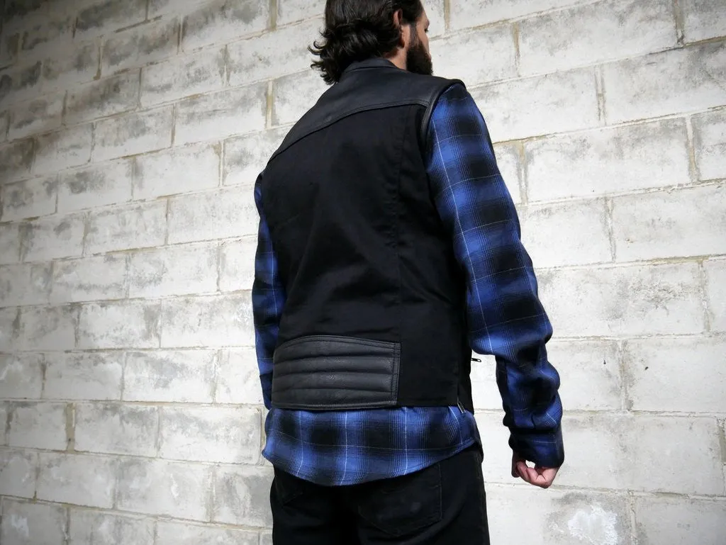 Men's Motorcycle Blk Textile Leather combo vest with 2 Front Pistol pete pockets