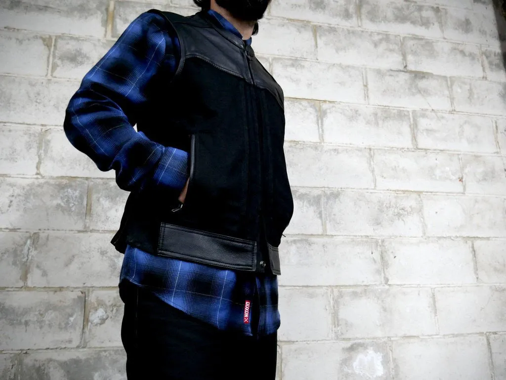Men's Motorcycle Blk Textile Leather combo vest with 2 Front Pistol pete pockets