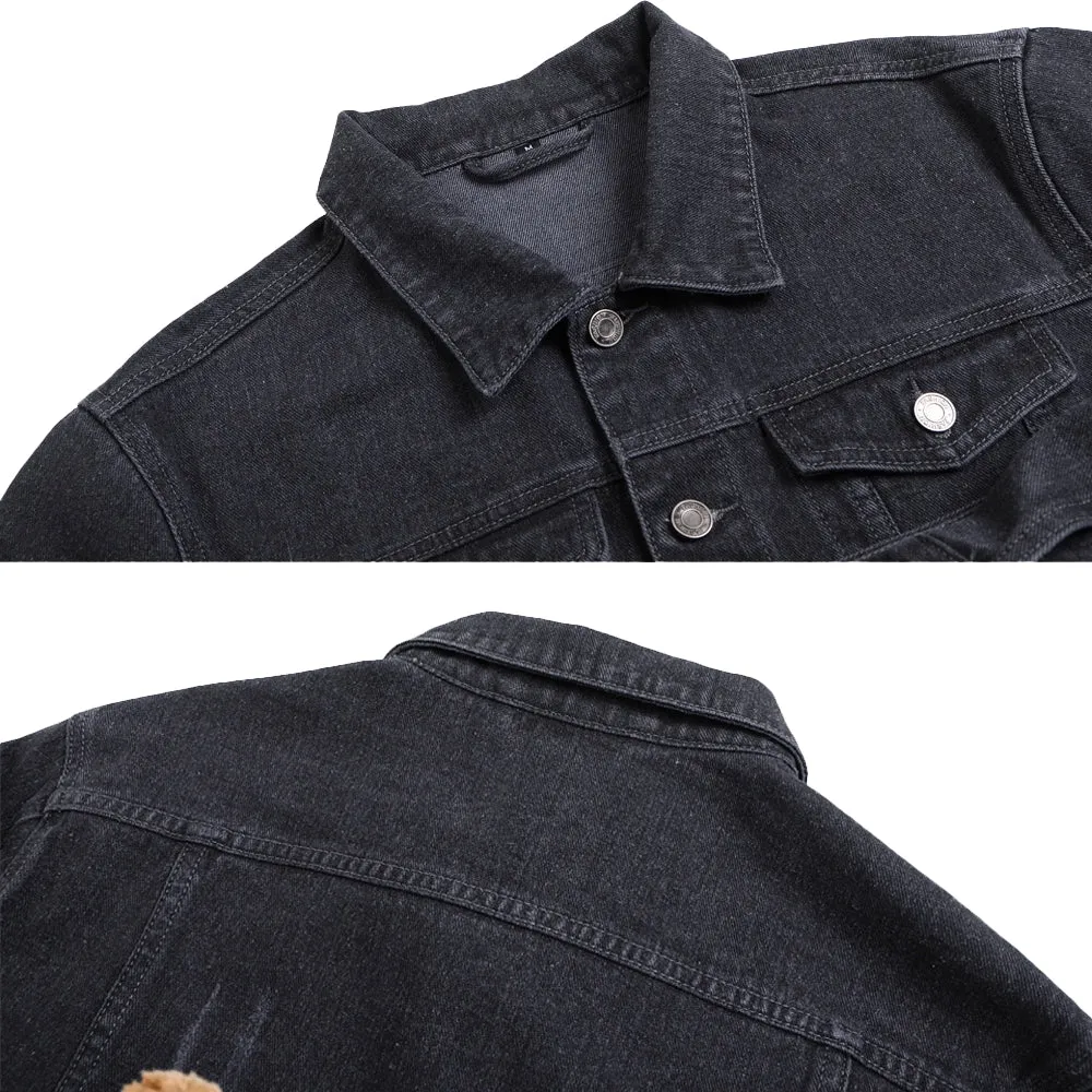 Mens Vintage Cartoon Cute Bear CHEERS Prints Denim Jacket